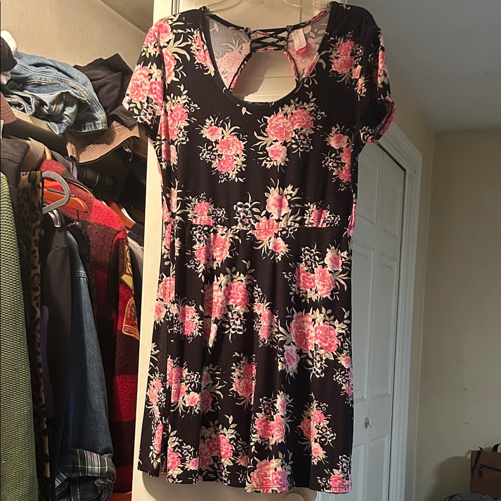 No Boundaries Black Dress with Pink Floral Design